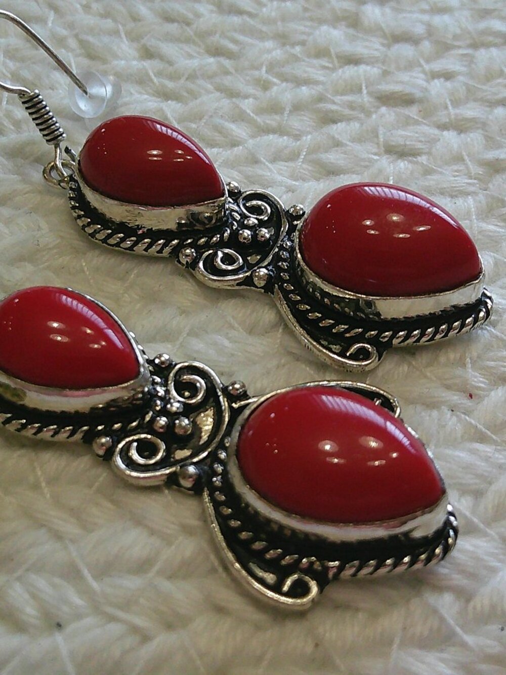 Beautiful RED CORAL Handmade Sterling 925 Dangle Earrings #104F
